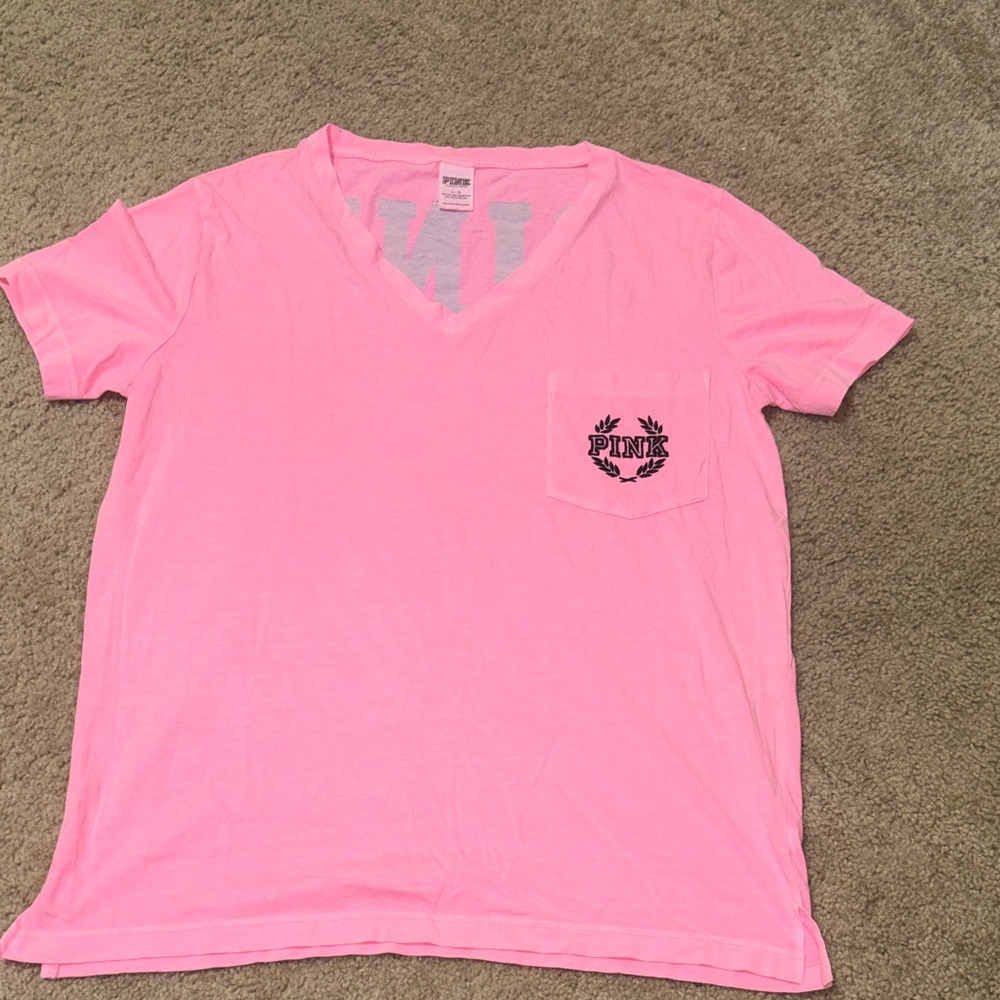 PINK Victoria's Secret Neon Pink V-Neck Pocket Tee